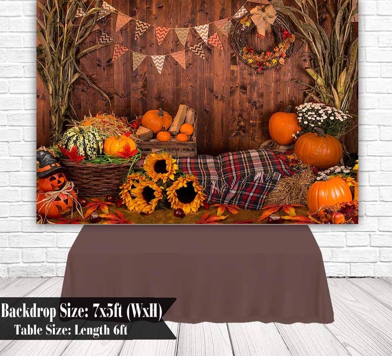 Funnytree 7x5ft Fall Thanksgiving Photography Backdrop Rustic Wooden Floor Barn Harvest Background Autumn Pumpkins Maple Leaves Sunflower Baby Portrait Party Decoration Photo Studio Booth Props - Image 3